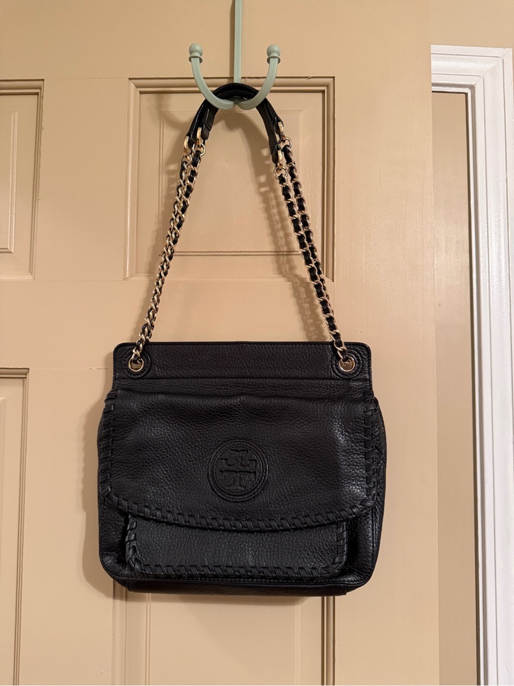 Tory Burch Black Leather Whipstitch Chain-Handle Shoulder Bag